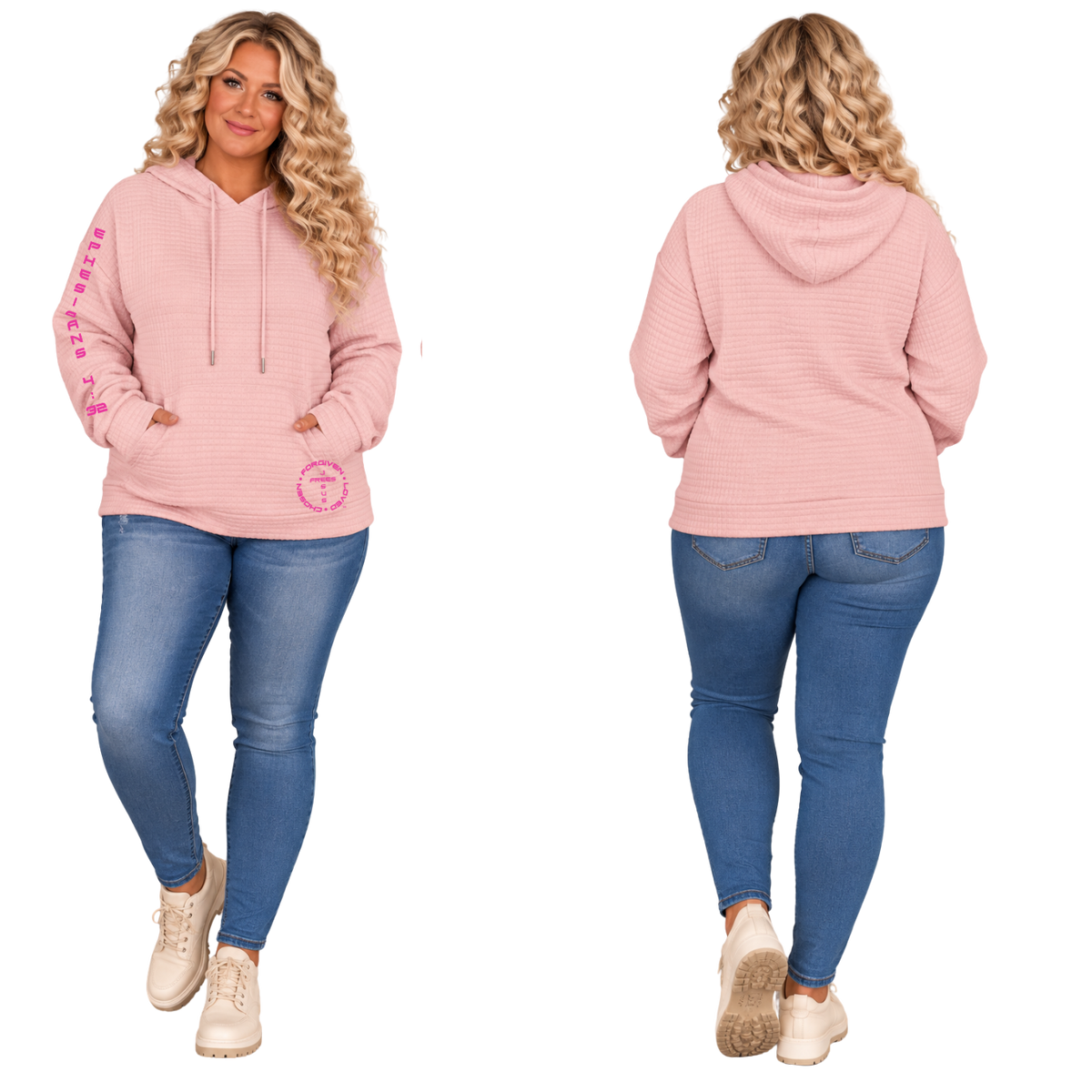 Jesus Frees™ Apparel | Women’s Plus Size Pink Waffle Scripture Hoodie | Font 143