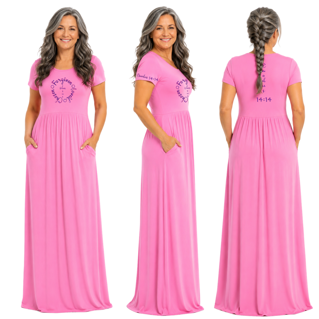 Jesus Frees - Long Maxi Dresses with Pockets - Short Sleeve - Font 223 Purple