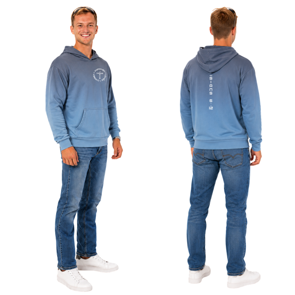 Jesus Frees™ Apparel | Men's Christian Scripture Hoodie Blue Ombre| Font 49 White