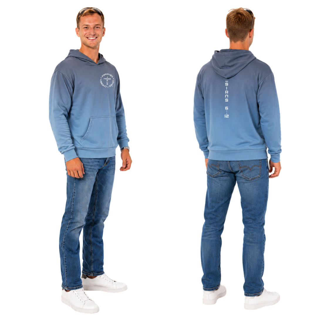 Jesus Frees™ Apparel | Men's Christian Scripture Hoodie Blue Ombre| Font 49 White