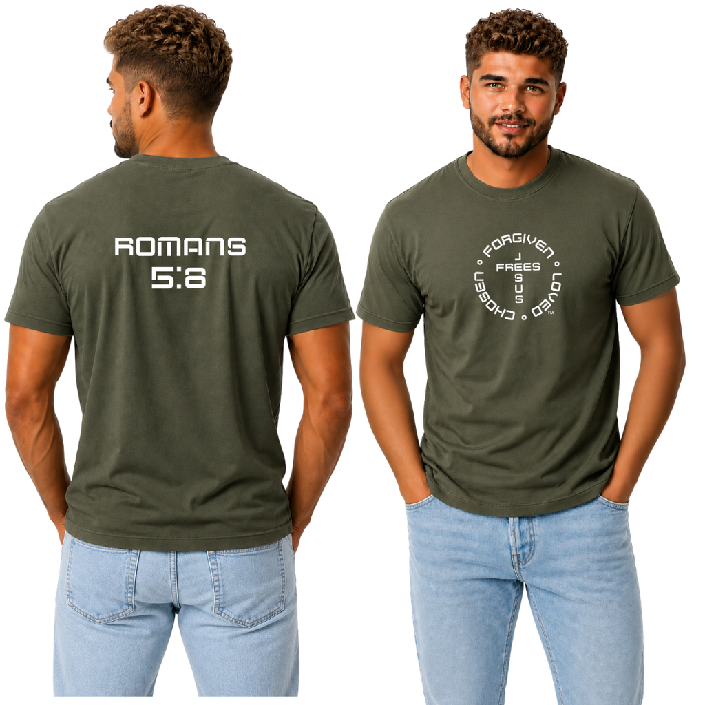 Jesus Frees - G20 Military Green Ultra Cotton Men's T-Shirt - Font 49 White