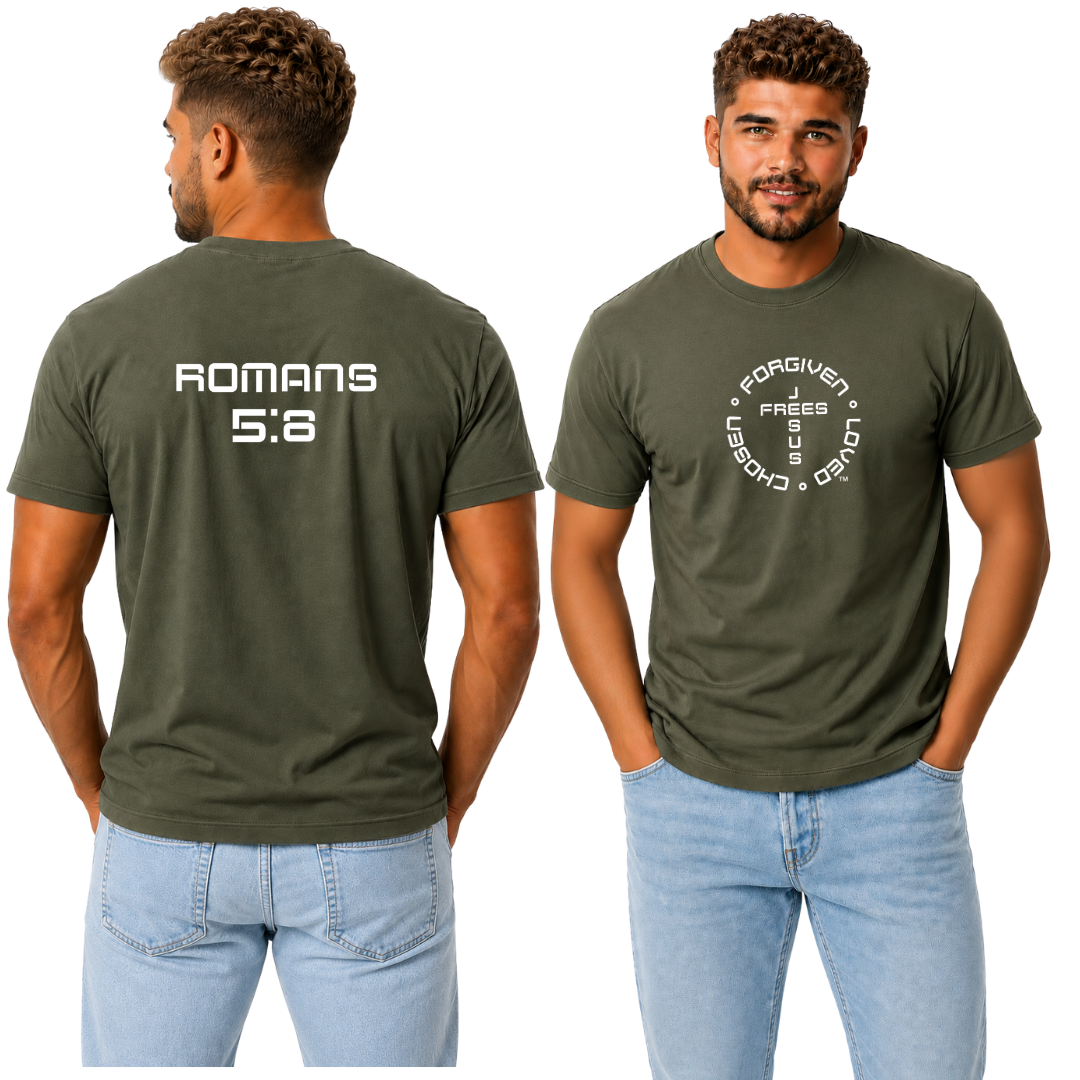 Jesus Frees - G20 Military Green Ultra Cotton Men's T-Shirt - Font 49 White