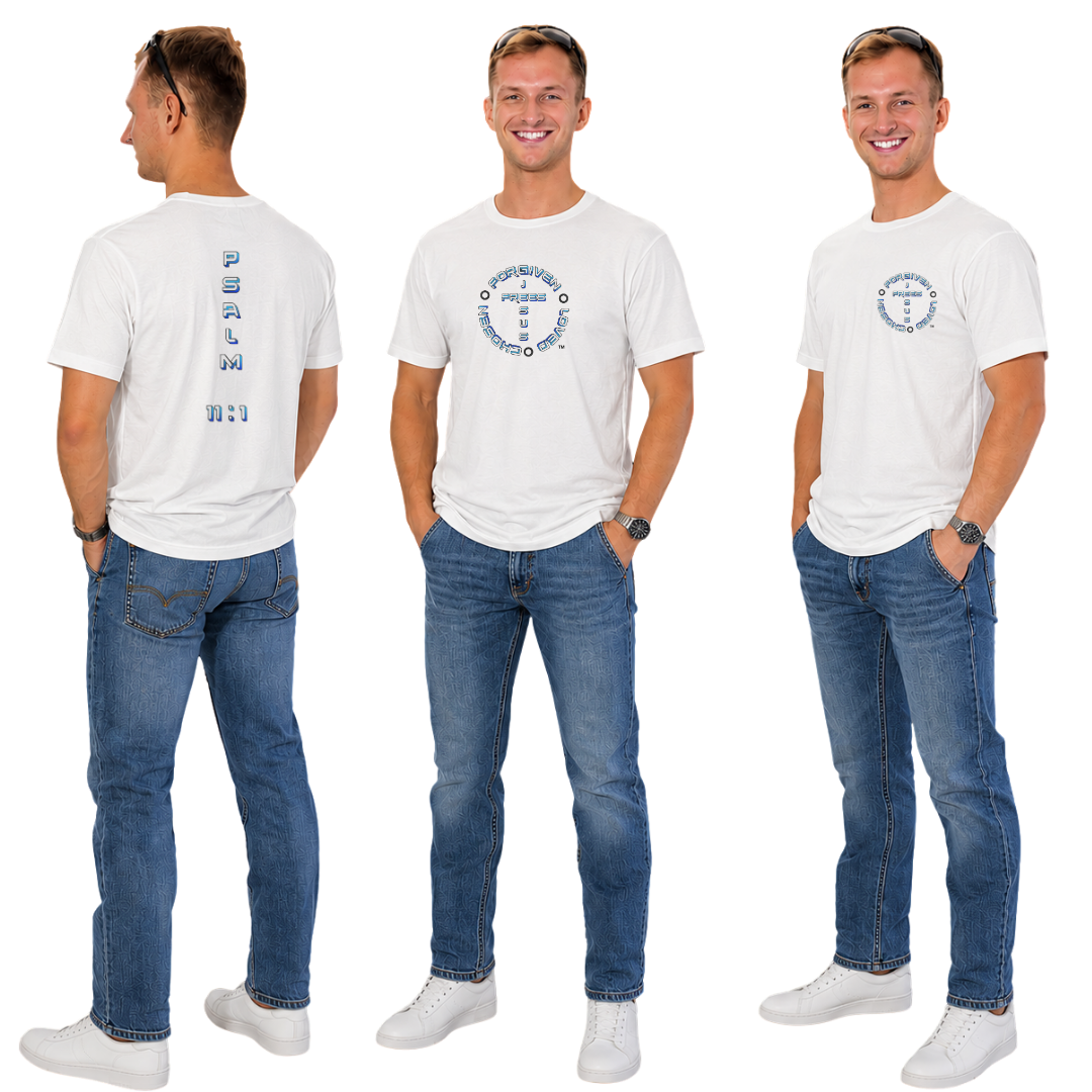Jesus Frees | G64 Soft Style Men's White Cotton T-Shirt | Font 126 Blue & Black