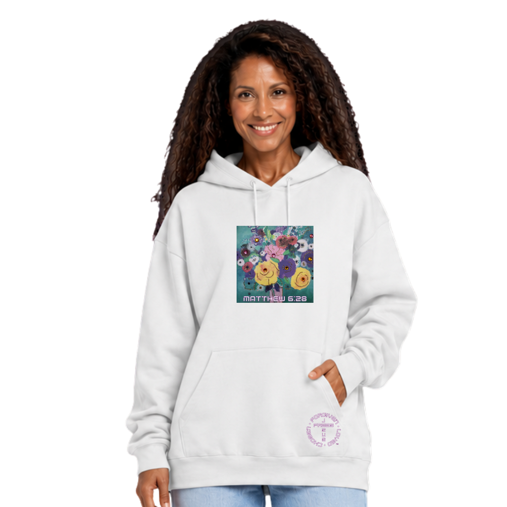 Jesus Frees™ Apparel | White Women's Scripture Hoodie | Flower Design | Font 49 | HA
