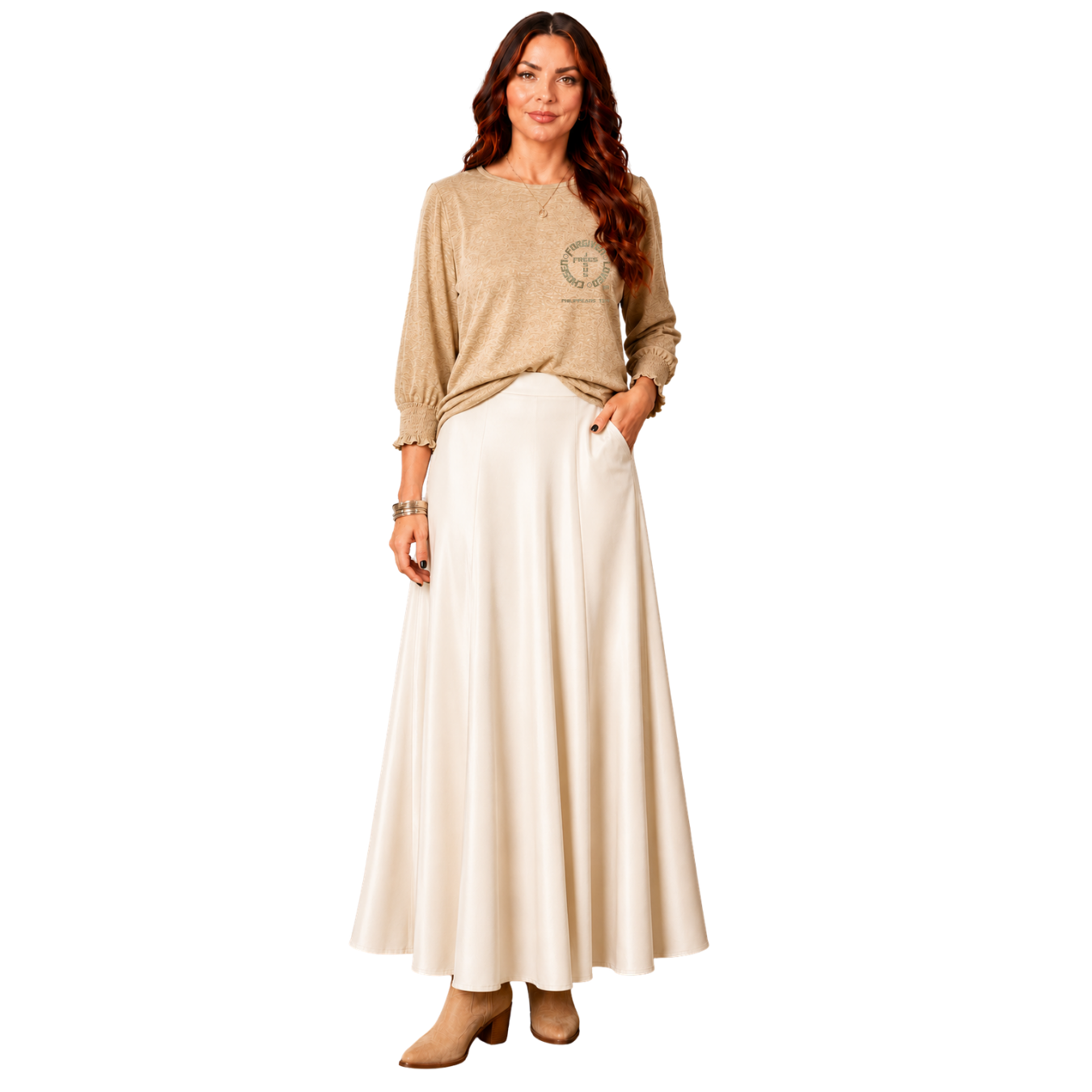 Jesus Frees - DK Women's Boat Neckline 3/4 Elastic Cuff - 153 Gold - Parchment