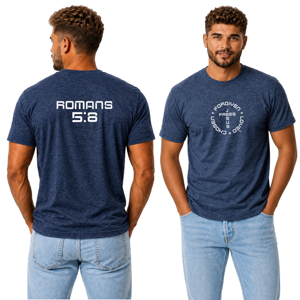 Jesus Frees - G20 Heather Indigo Ultra Cotton Men's T-Shirt - Font 49 White