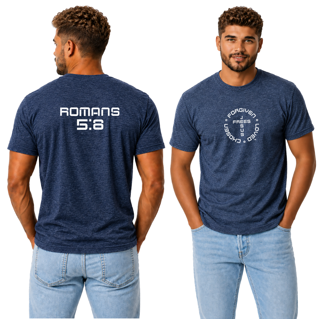 Jesus Frees - G20 Heather Indigo Ultra Cotton Men's T-Shirt - Font 49 White