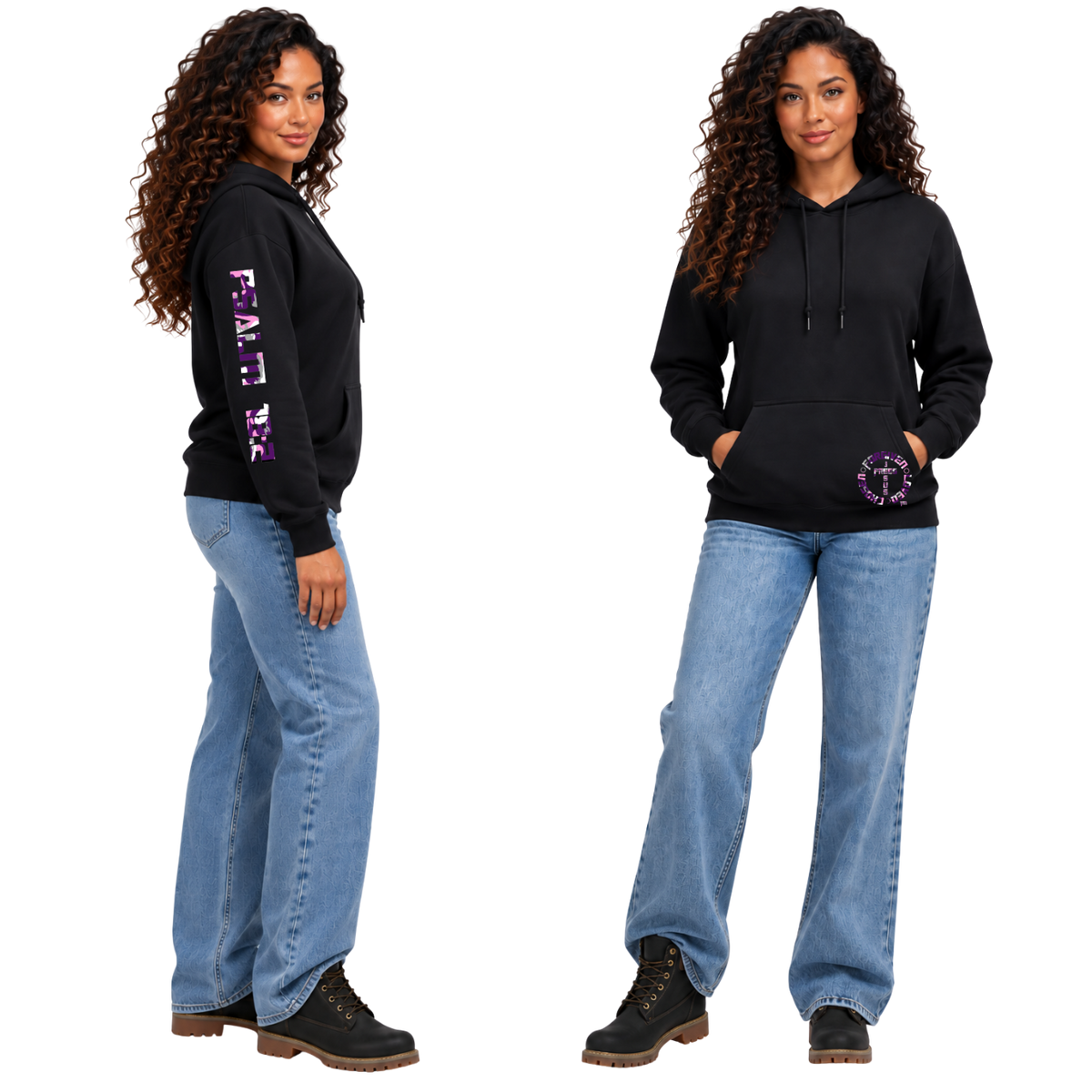 Jesus Frees™ Apparel | Women’s Sand Scripture Hoodie | Font 153 Pink-Purple Camo