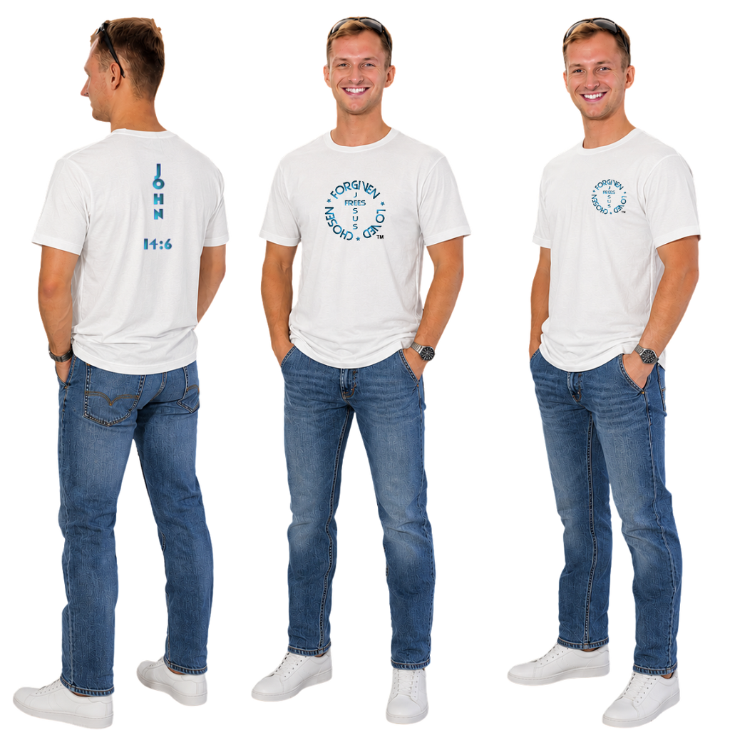 Jesus Frees | G64 Soft Style Men's White Cotton T-Shirt | Font 173 Metallic Blue