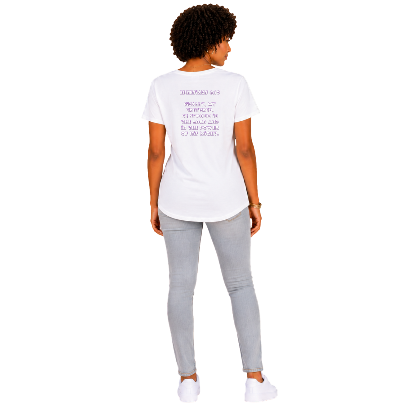 Jesus Frees - G64 Soft Style White Cotton Women's T-Shirt - Font 299 Flowers - Ephesians 6:10
