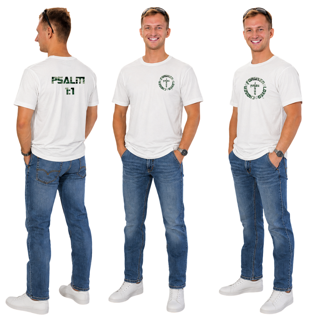 Jesus Frees - KD Men's White Premium T-Shirt - Font 153 Green Camo