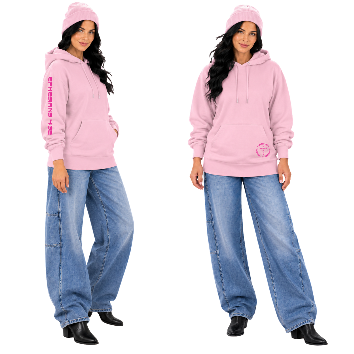 Jesus Frees™ Apparel | Women’s Pink Scripture Hoodie | Font Hot Pink 143