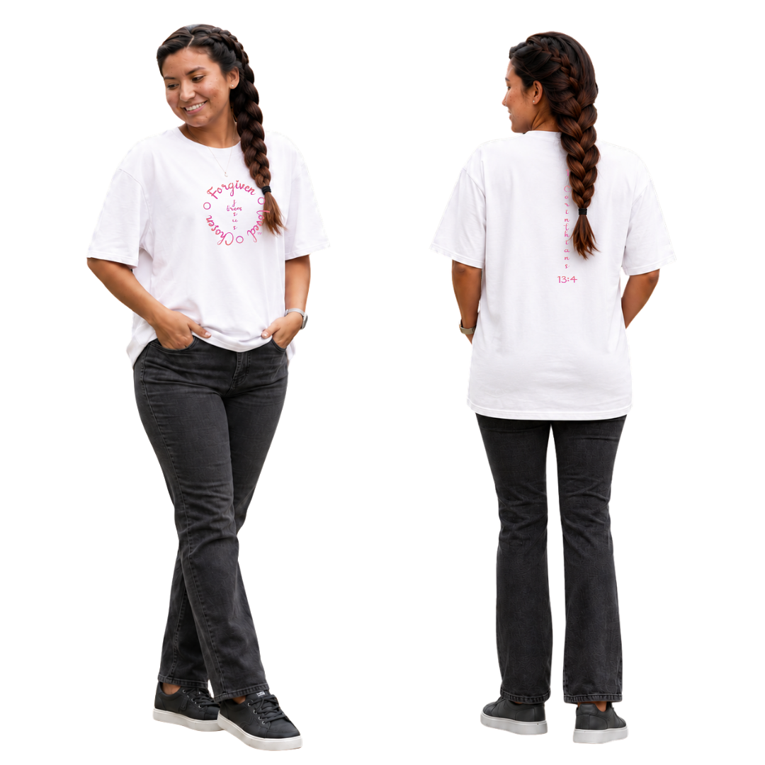 Jesus Frees - SICU Oversized Short Sleeve Women's Shirt - Font 223 Fuchsia Light Tips - 1 Corinthians 13:4