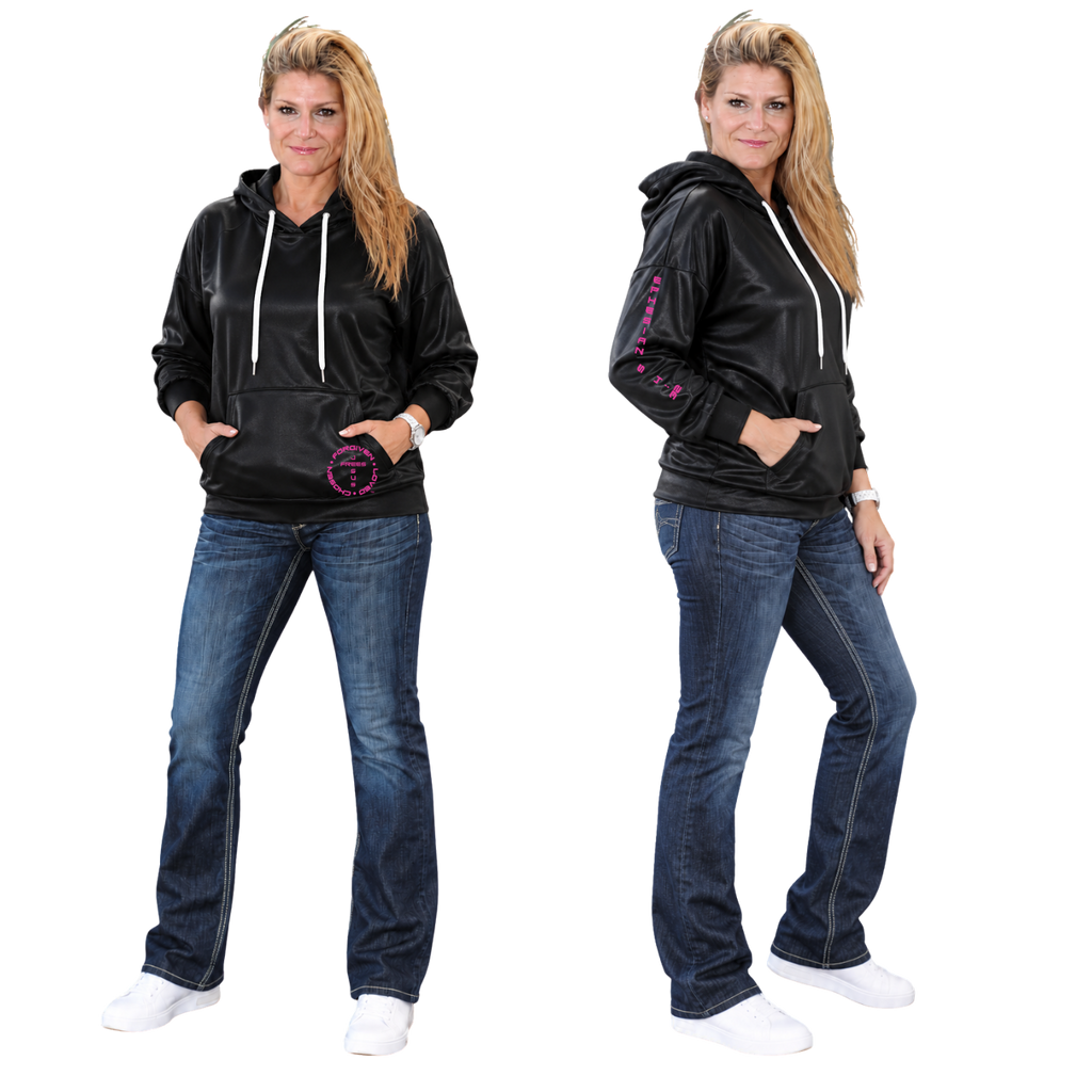 Jesus Frees™ Apparel | Women’s Black Shiny Scripture Hoodie | Font 143 | Fis