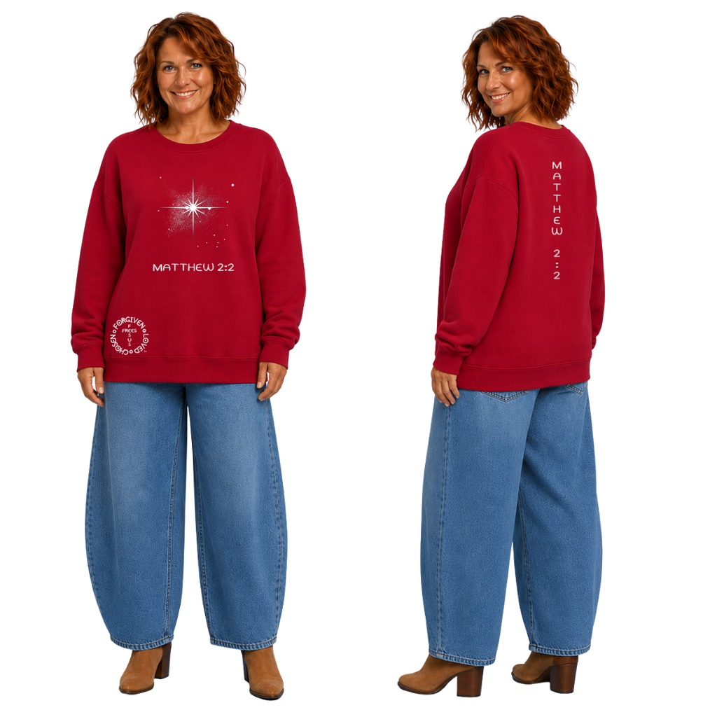 Jesus Frees | Women's Red Christmas Sweatshirt | 303 Star of Bethlehem with Glitter