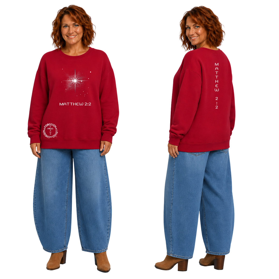 Jesus Frees | Women's Red Christmas Sweatshirt | 303 Star of Bethlehem with Glitter