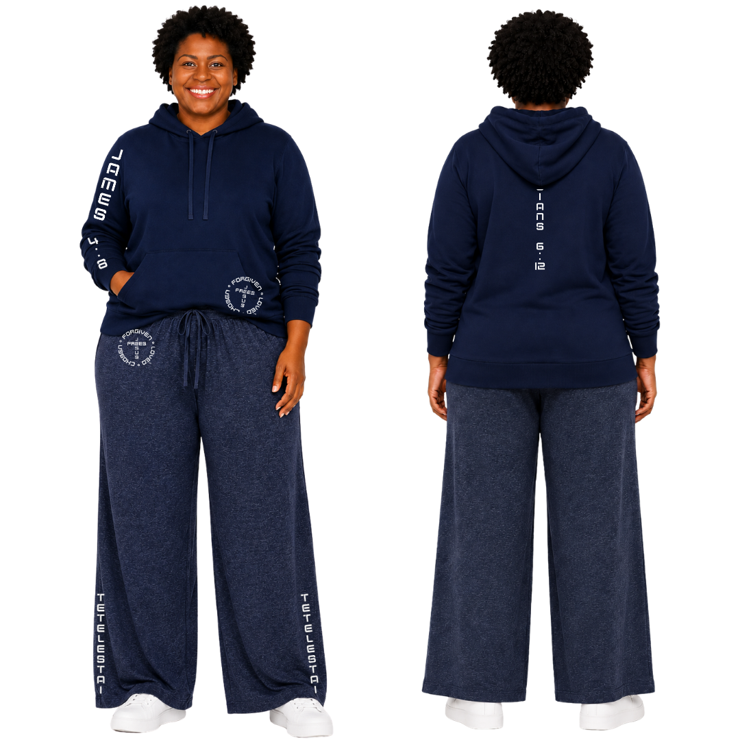 Jesus Frees™ Apparel | Women’s Plus Size Wide Leg Scripture Pants | Font 49 White | Neer Heather