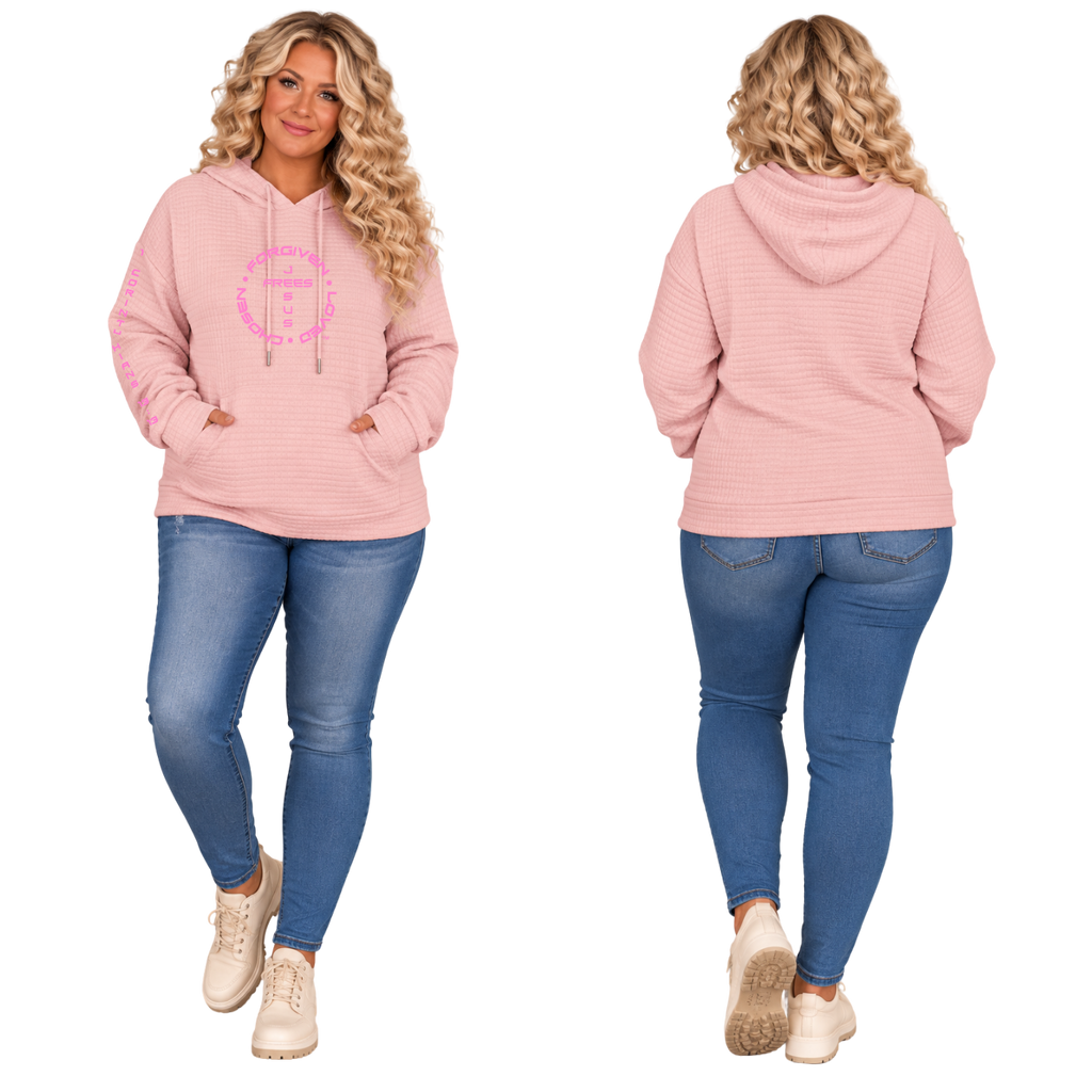 Jesus Frees™ Apparel | Women’s Plus Size Pink Waffle Scripture Hoodie | Font 143