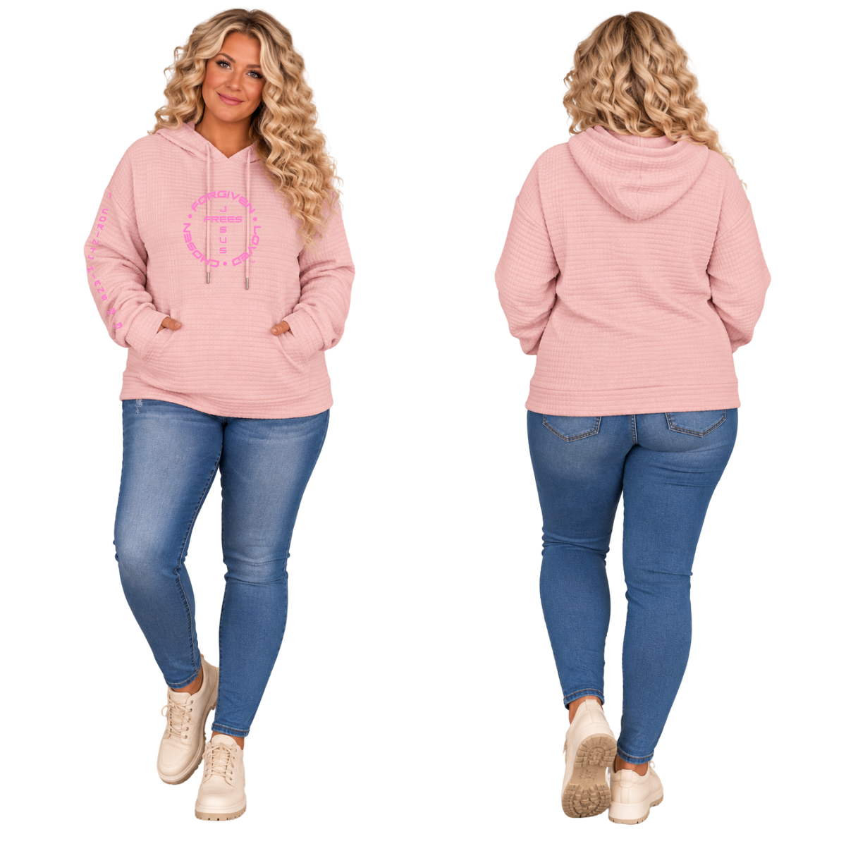 Jesus Frees™ Apparel | Women’s Plus Size Pink Waffle Scripture Hoodie | Font 143