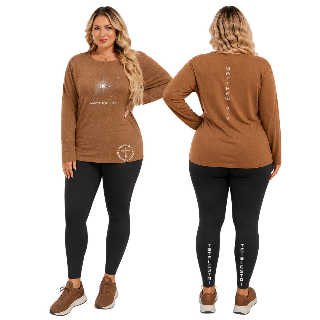 Jesus Frees - Joell Women's Long Sleeve Coffee Heather Crew Neck Shirt - 303 Star of Bethlehem