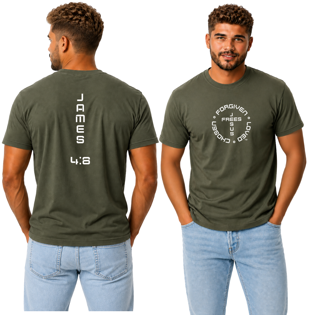 Jesus Frees - G20 Military Green Ultra Cotton Men's T-Shirt - Font 49 White