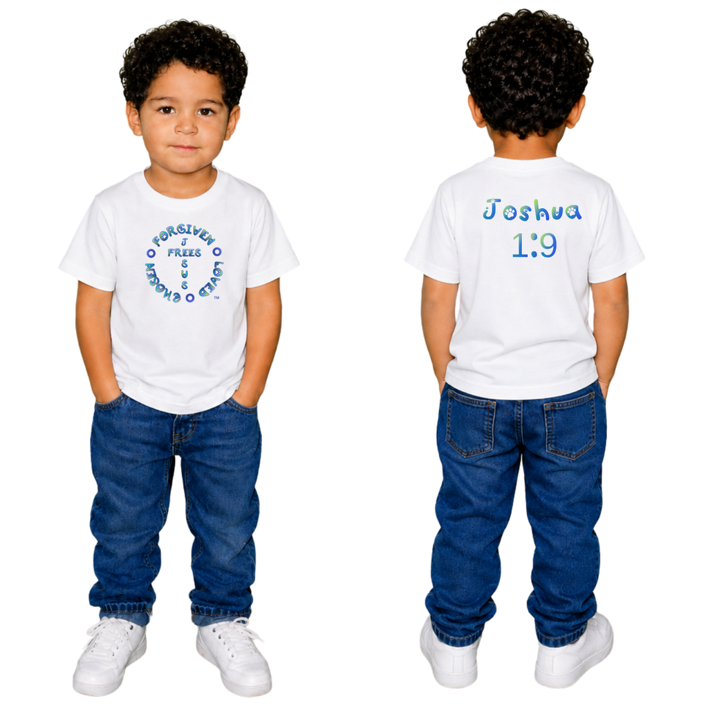Jesus Frees - Kids 100% Cotton T-Shirts Boys - Font 97 Paws - Blue Fade