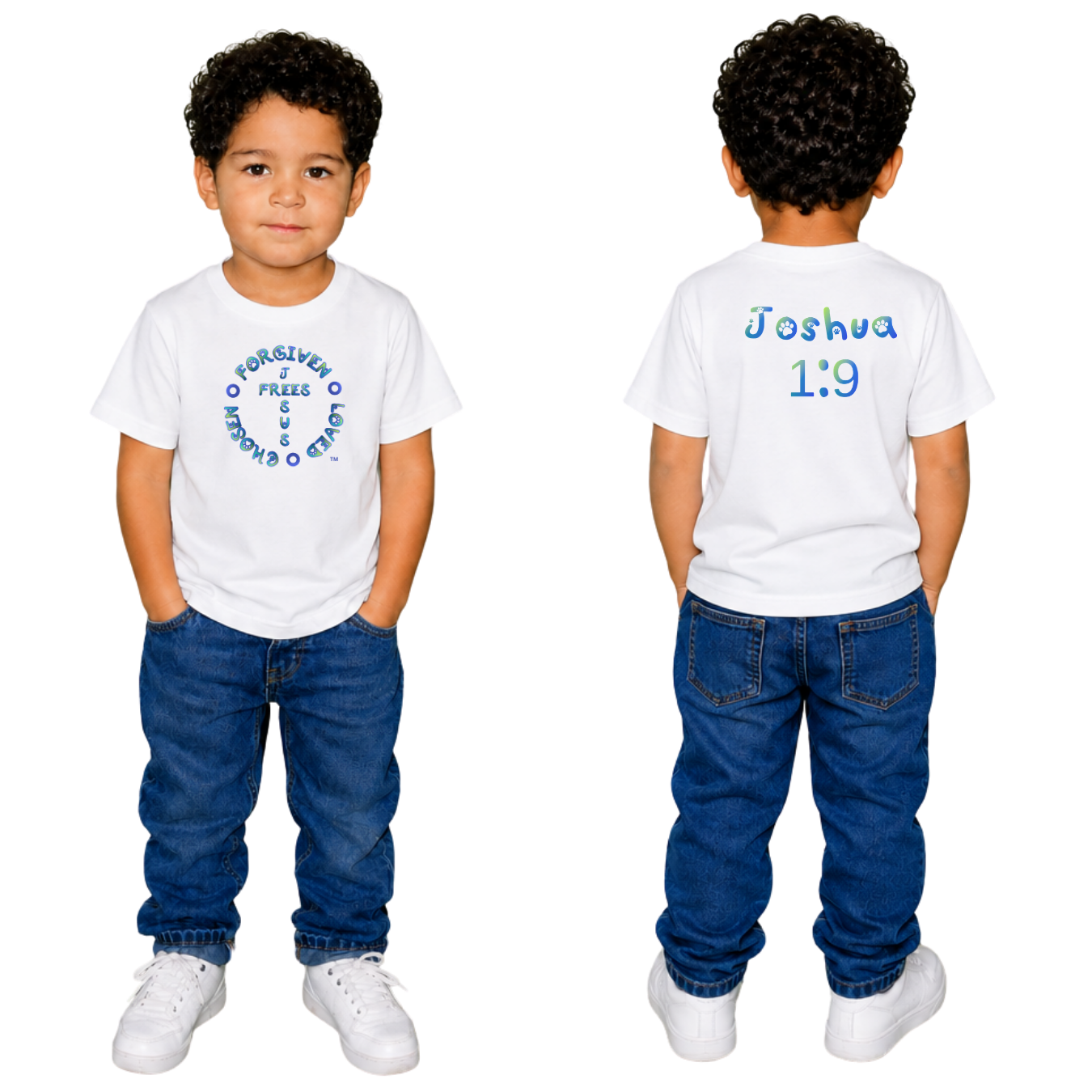 Jesus Frees - Kids 100% Cotton T-Shirts Boys - Font 97 Paws - Blue Fade