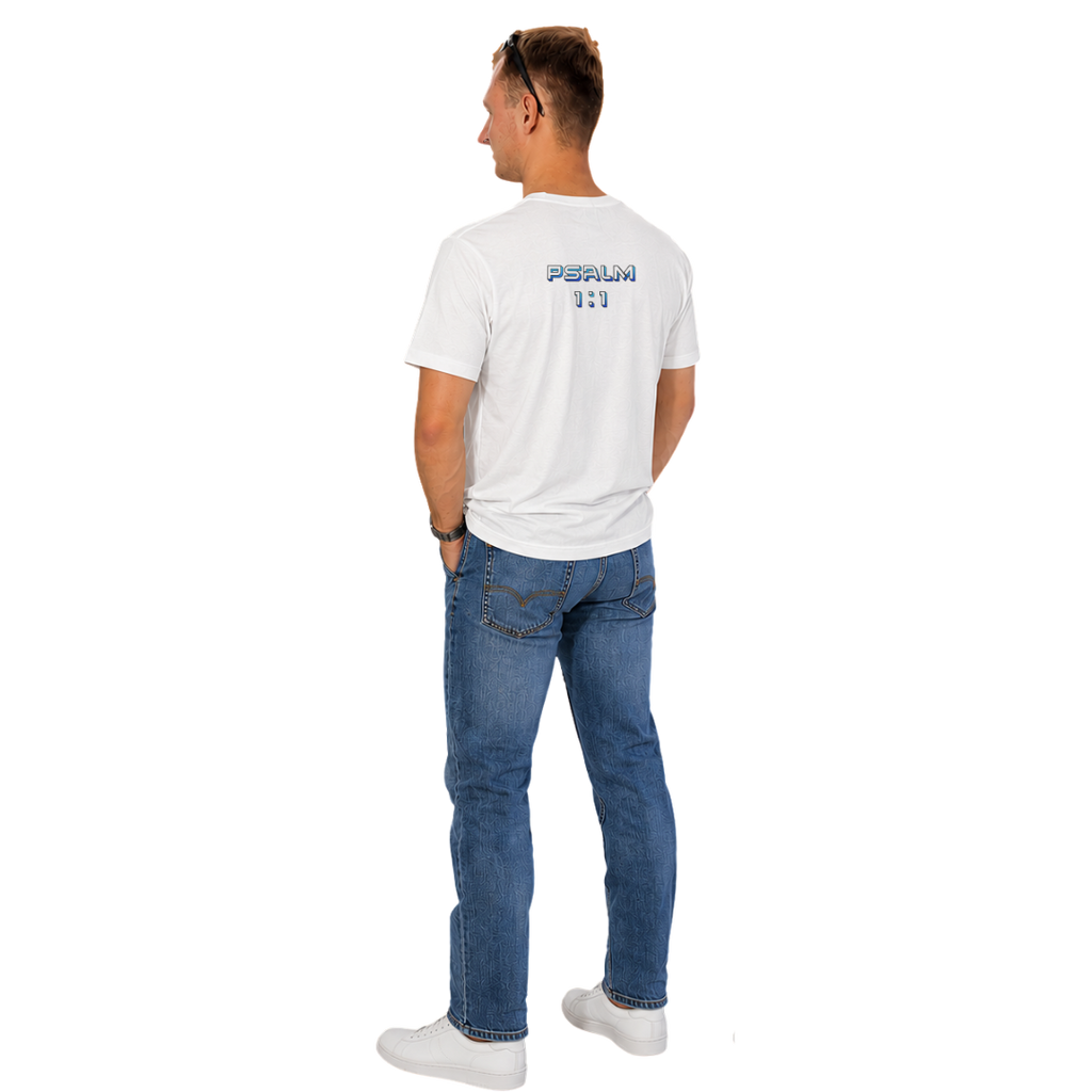Jesus Frees | G64 Soft Style Men's White Cotton T-Shirt | Font 126 Blue & Black