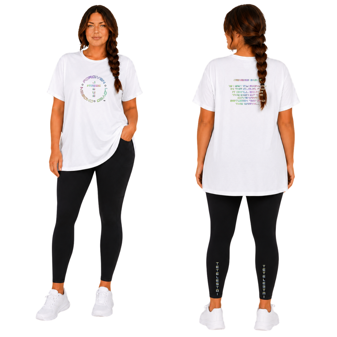 Jesus Frees - G64 Soft Style White Cotton Women's T-Shirt - God's Covenant 143 Rainbow
