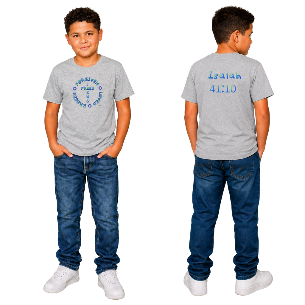 Jesus Frees - Kids 100% Cotton T-Shirts Boys - Font 97 Paws - Blue Fade