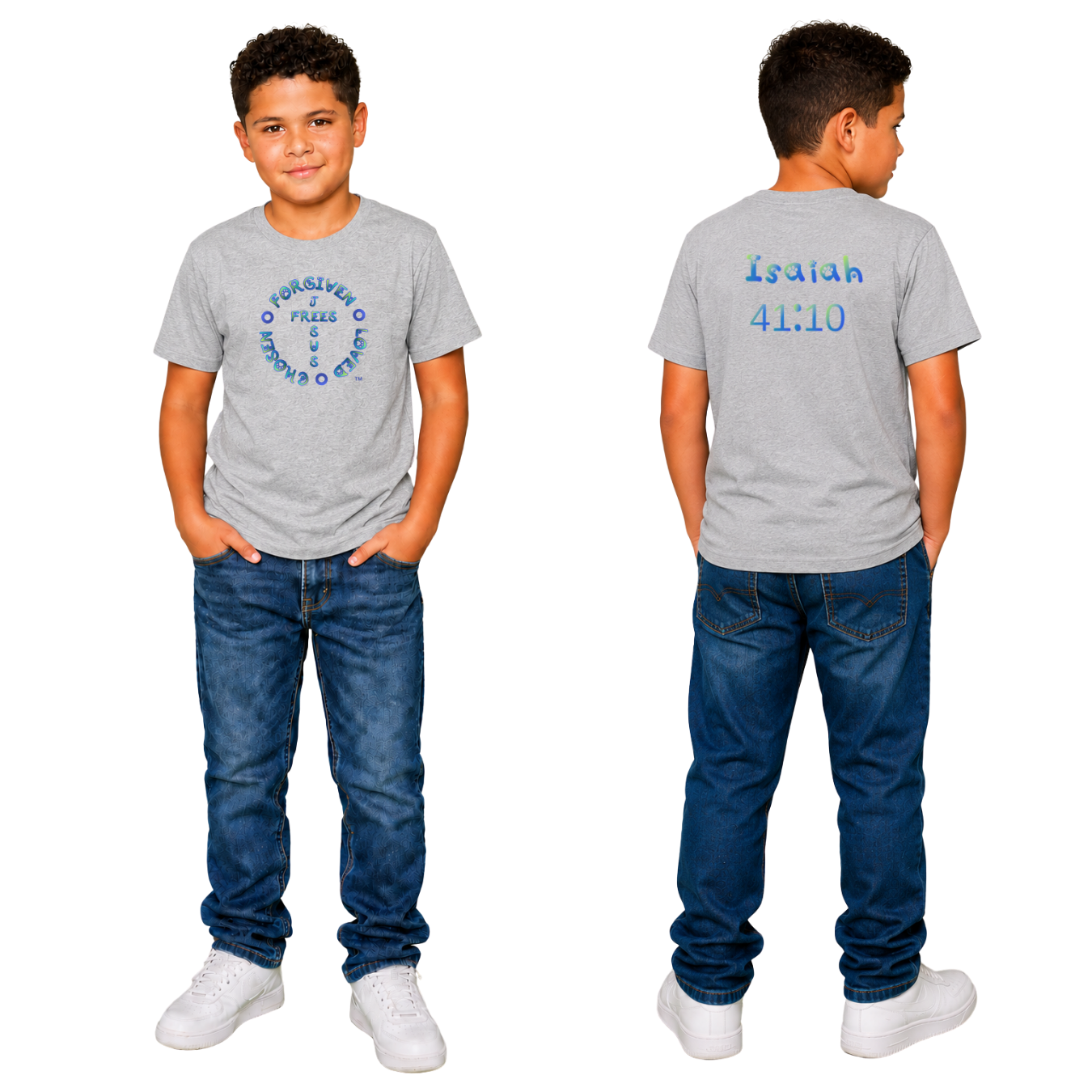 Jesus Frees - Kids 100% Cotton T-Shirts Boys - Font 97 Paws - Blue Fade
