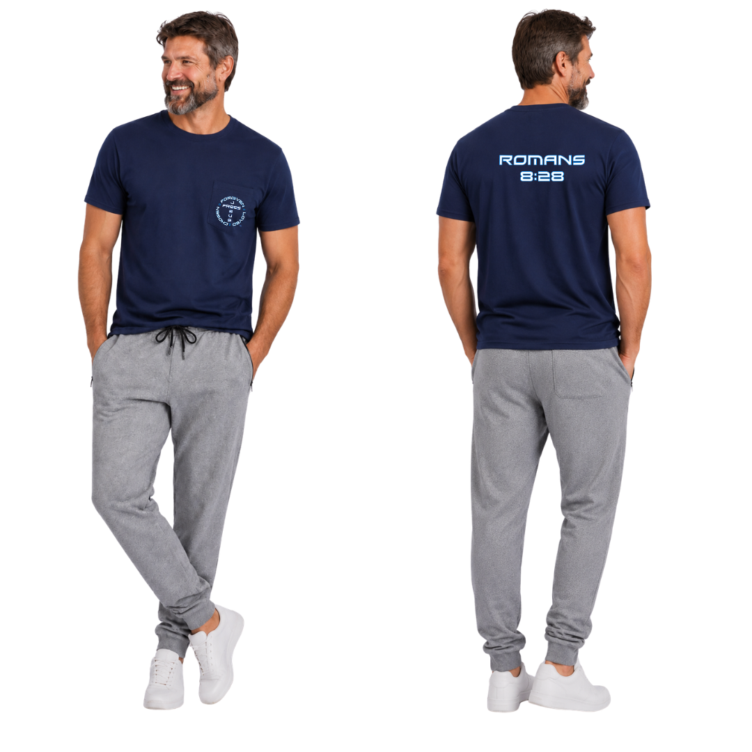 Jesus Frees - HP Pocket Cotton Men's T-Shirt - Font 143 White with Blue Outline