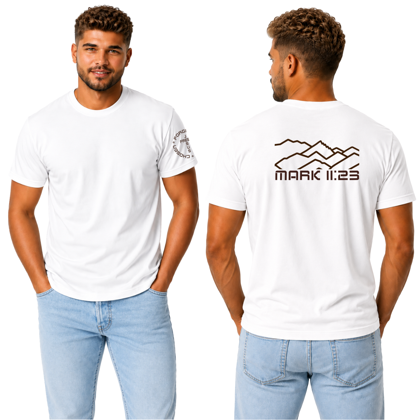 Jesus Frees - G64 Soft Style White Cotton Men's T-Shirt - Font 49 Brown Montana Mountains