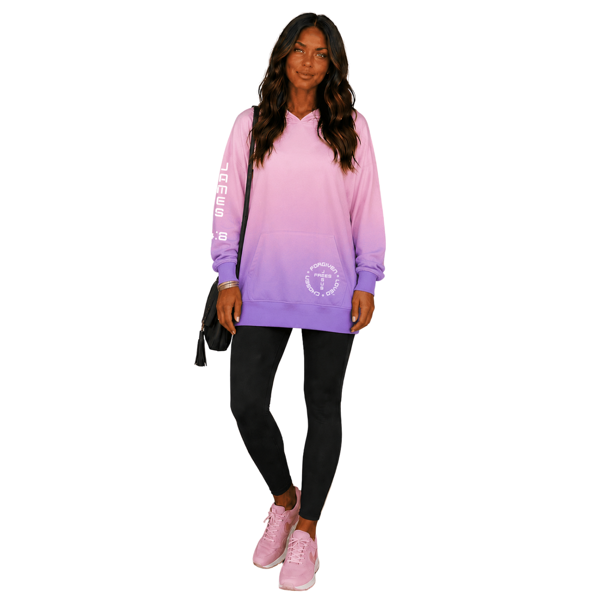 Jesus Frees™ Apparel | Women's Christian Scripture Hoodie Purple Ombre| Font 49 White