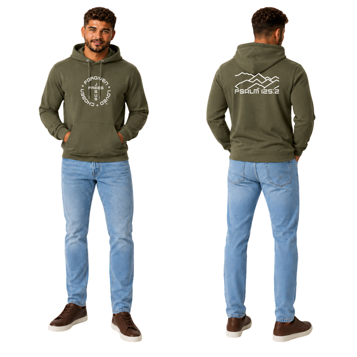 Jesus Frees™ Apparel | Men’s Military Green Scripture Hoodie | Montana Bridger Mountains | 50/50