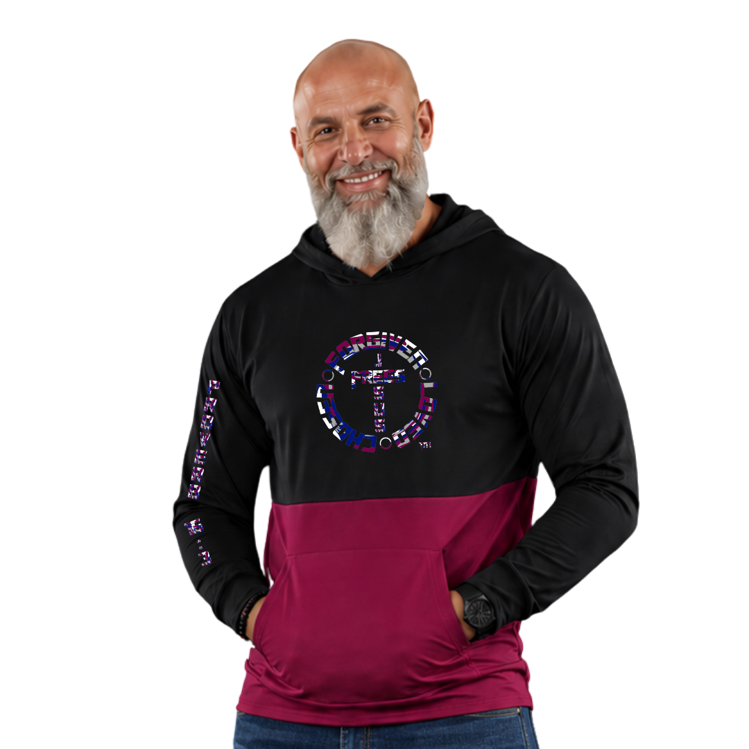 Jesus Frees™ Apparel | AE Men's Christian Scripture Mesh Hoodie | Font 153 Navy-Burgundy Camo