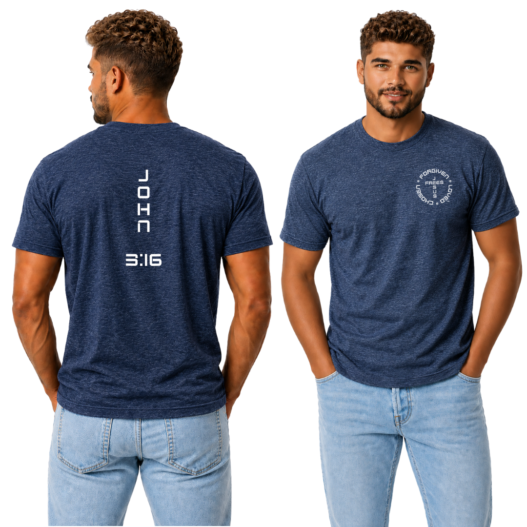 Jesus Frees - G20 Heather Indigo Ultra Cotton Men's T-Shirt - Font 49 White