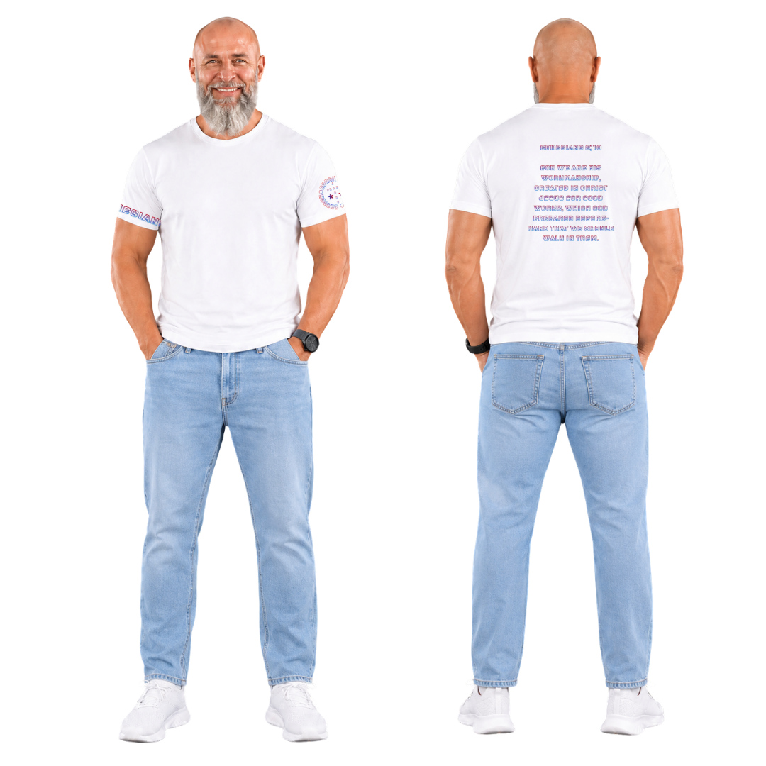 Jesus Frees - G64 Soft Style White Cotton T-Shirt - Font 106 Blue Red