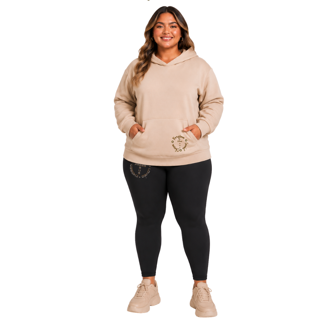 Jesus Frees™ Apparel | Women's Beige Long Sleeve Scripture Hoodie | Font 223 Brown | Tino