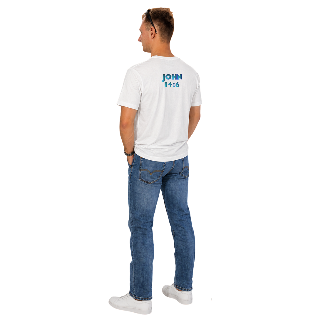 Jesus Frees | G64 Soft Style Men's White Cotton T-Shirt | Font 173 Metallic Blue