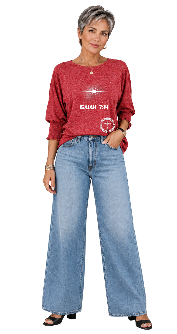Jesus Frees - DK Women's Boat Neckline 3/4 Elastic Cuff - 153 Star of Bethlehem - Racing Red