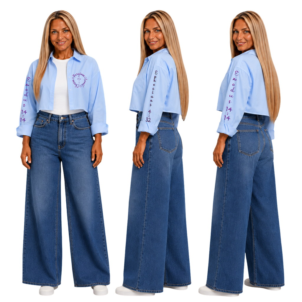 Jesus Frees | Cropped Lite Long Sleeve Light Blue Summer Jacket | Font 223