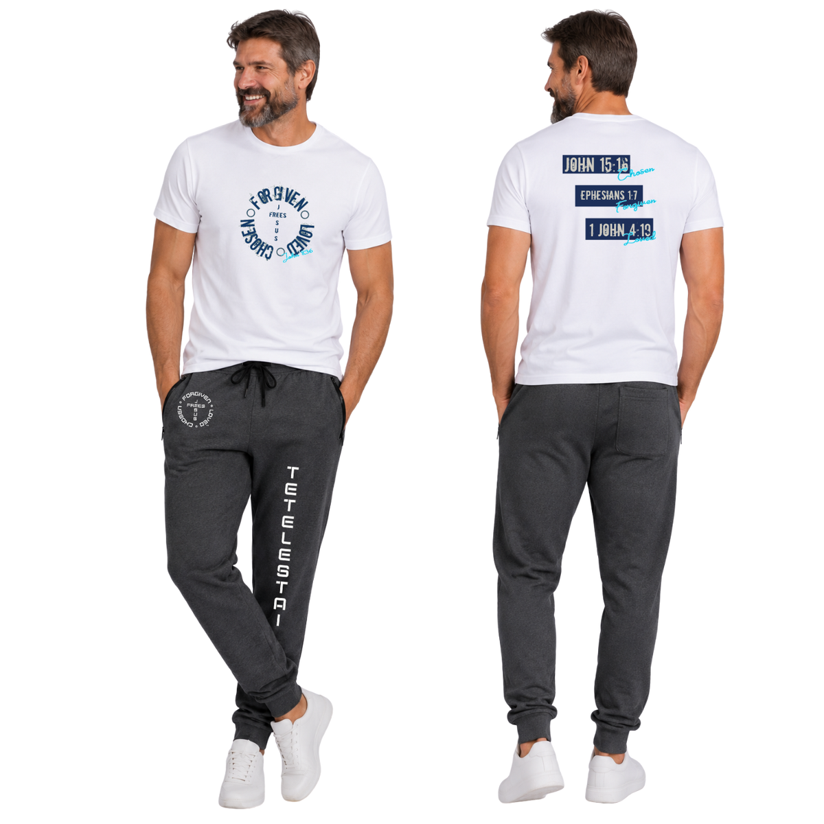 Jesus Frees™ Apparel | G64 Men's White Cotton Christian Tee | Free-Chosen-Forgiven-Loved | Font 60 Navy