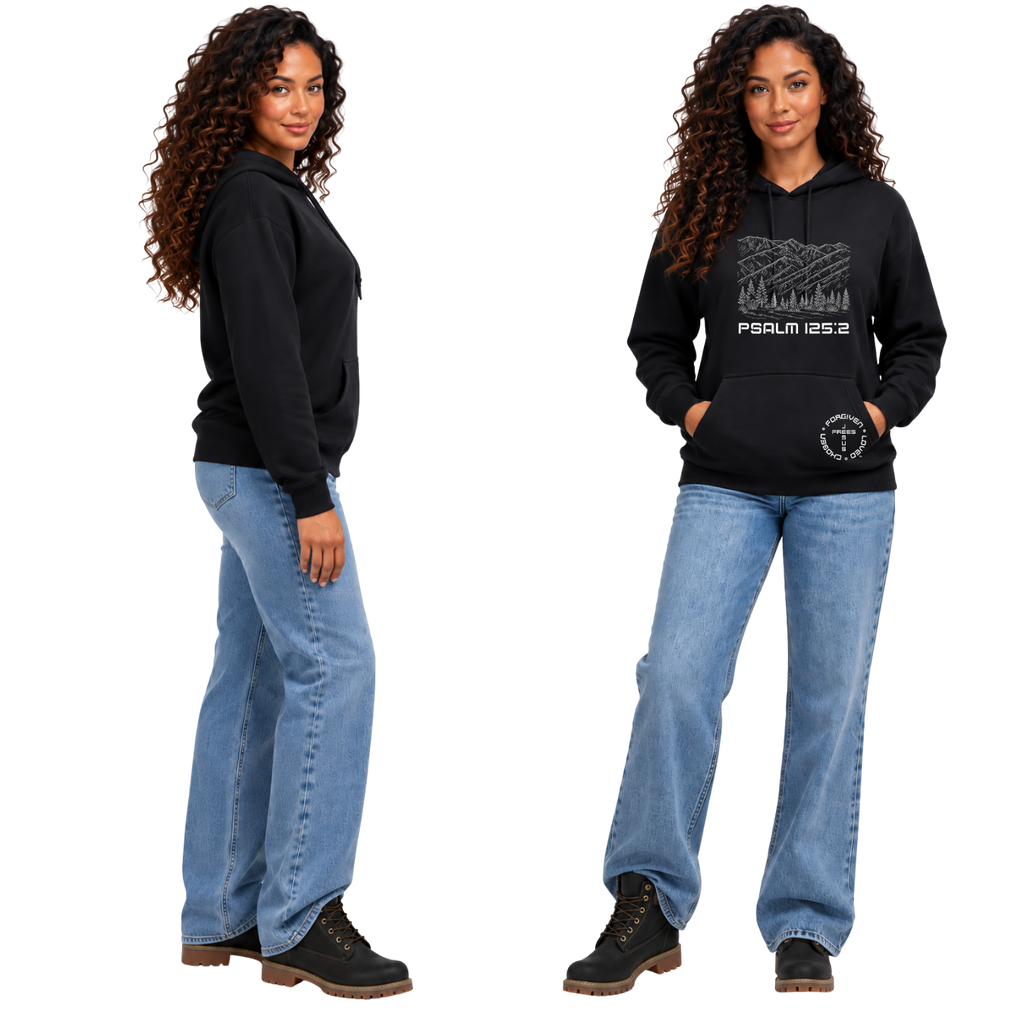 Jesus Frees™ Apparel | Women’s Scripture Hoodie | Montana Mountains | White Font 49