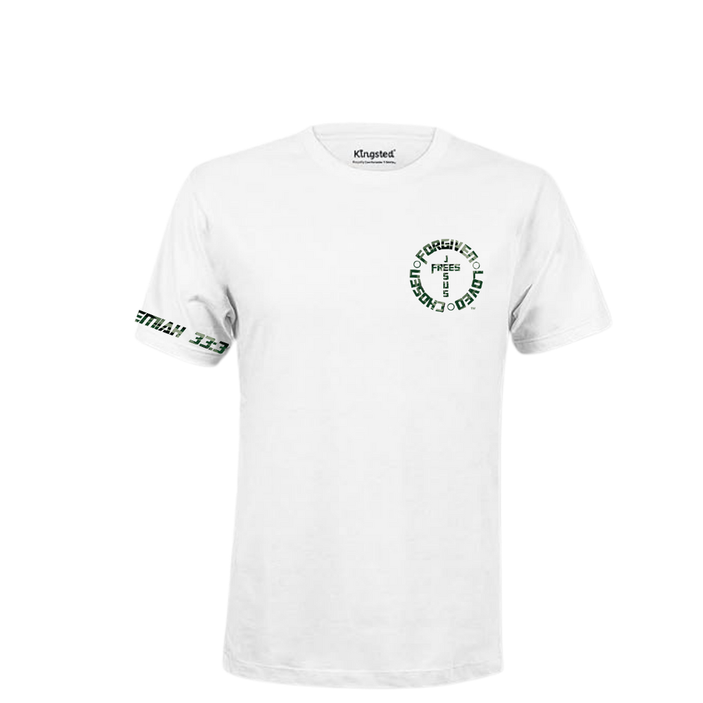 Jesus Frees - KD Men's White Premium T-Shirt - Font 153 Green Camo