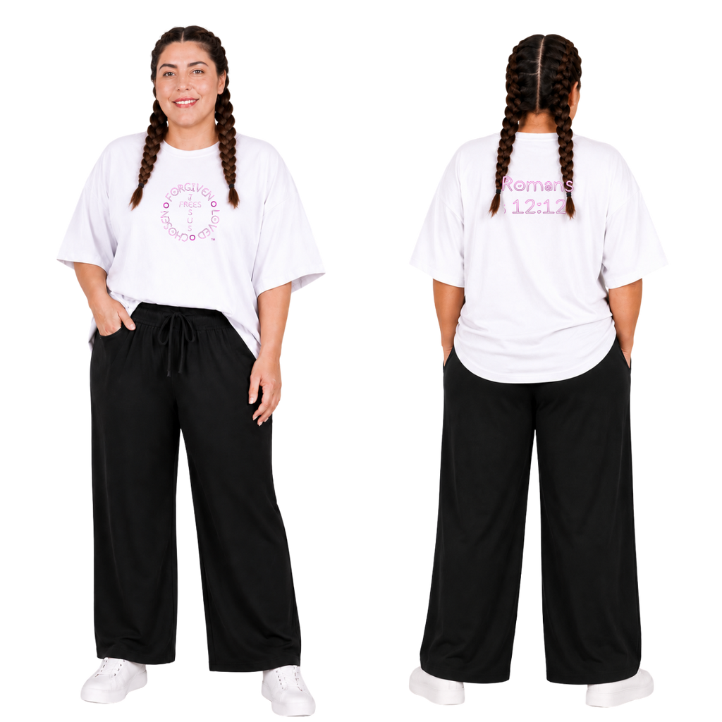 Jesus Frees - SICU Oversized Short Sleeve Women's Shirt - Font 303 White-Pink Romans 12:12