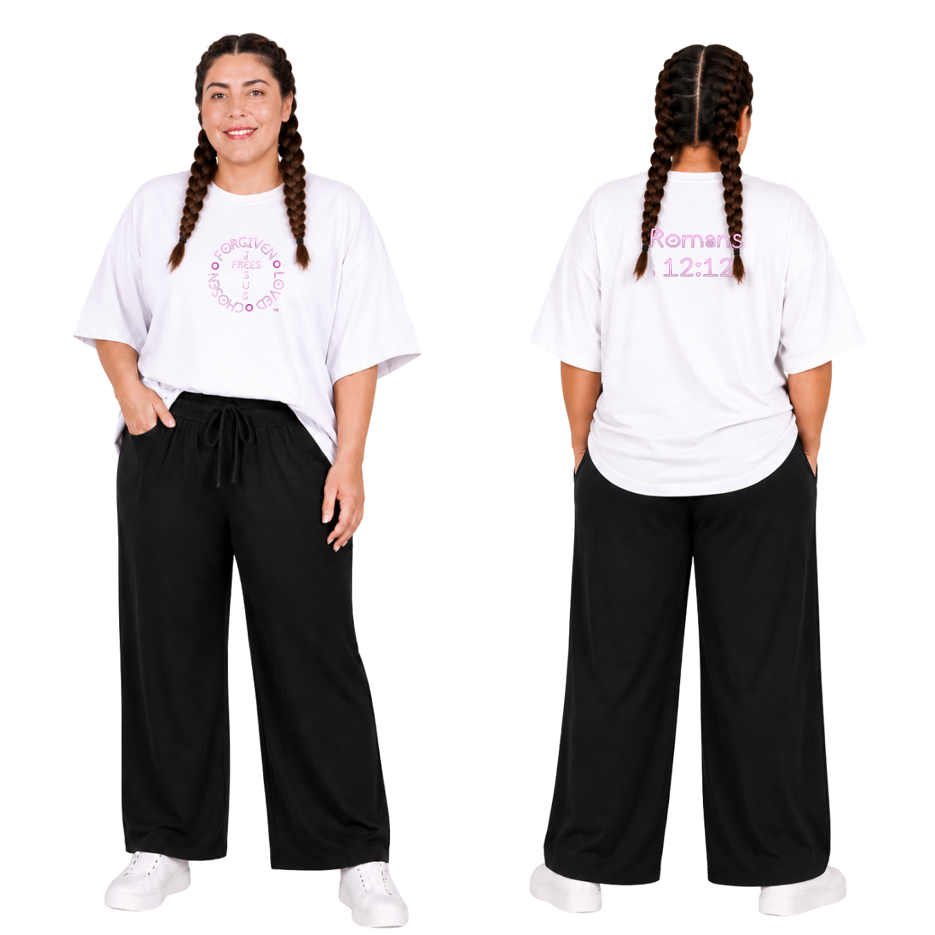 Jesus Frees - SICU Oversized Short Sleeve Women's Shirt - Font 303 White-Pink Romans 12:12