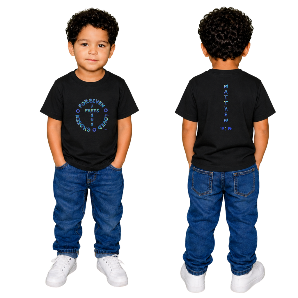 Jesus Frees - Kids 100% Cotton T-Shirts Boys - Font 97 Paws Matthew 19:14 Blue Green Fade
