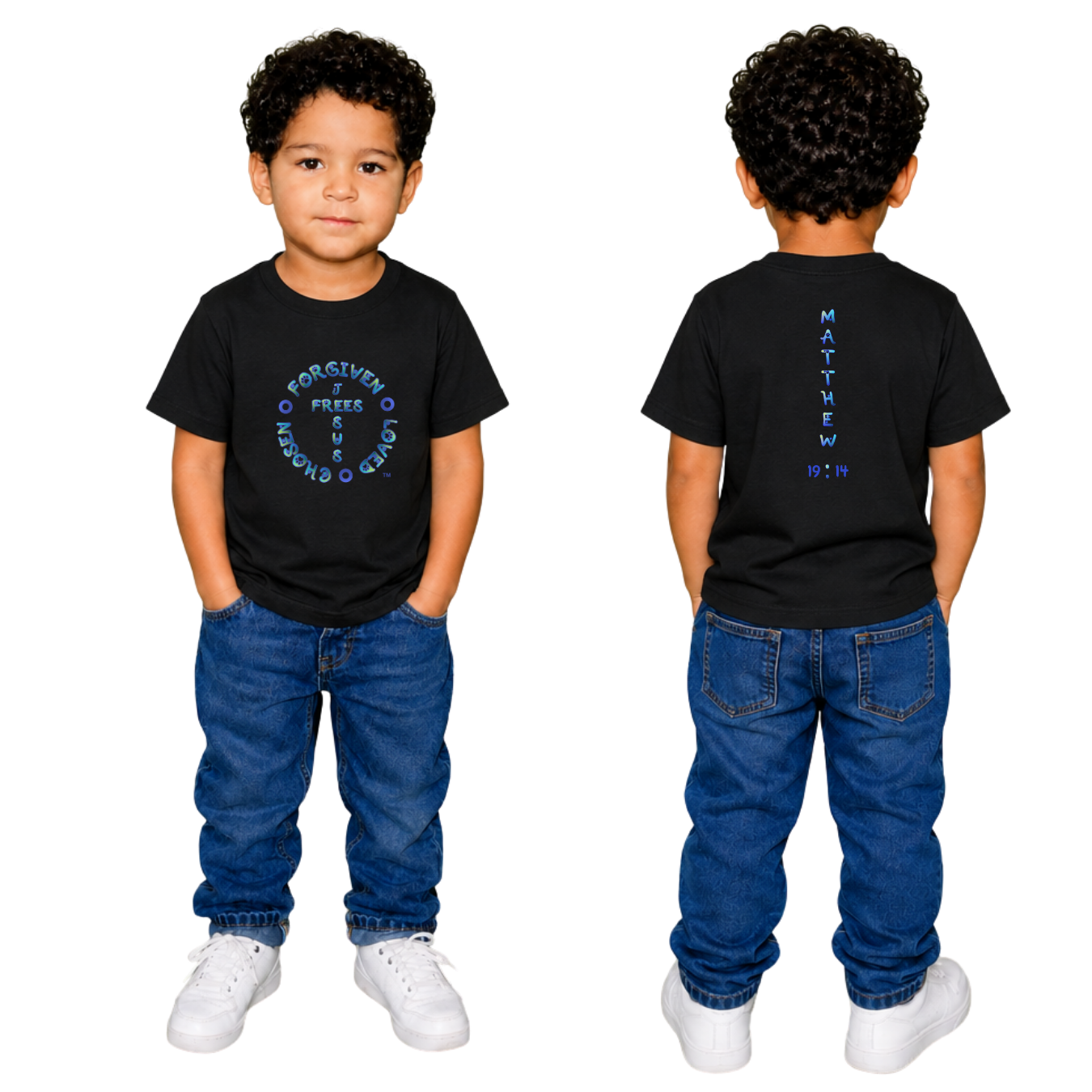Jesus Frees - Kids 100% Cotton T-Shirts Boys - Font 97 Paws Matthew 19:14 Blue Green Fade