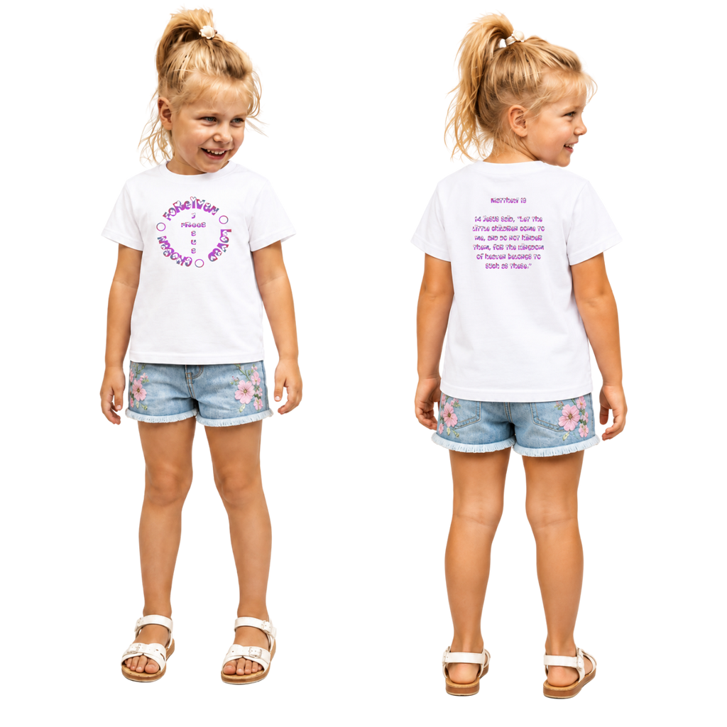 Jesus Frees - Kids 100% Cotton T-Shirts Girls - Font 58 Hearts Matthew 19:14 Pink-Purple Fade